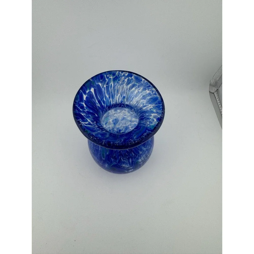 Blue Art Glass Vase Swirl‎ Design Round Home Decor Unique Small Vase